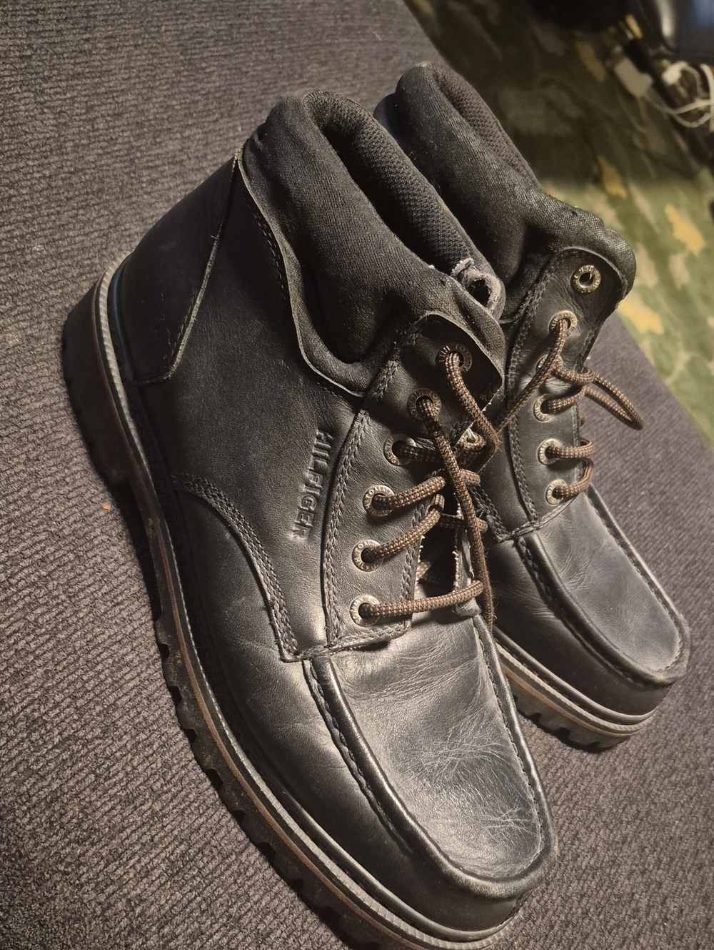 Tommy Hilfiger Black Leather Moc Toe Lace-Up Boots